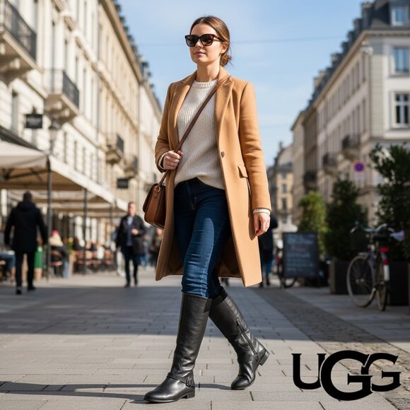 UGG Australia 3184 Women's Black Leather Knee High Side Partial Zip Boots - Picture 1 of 16